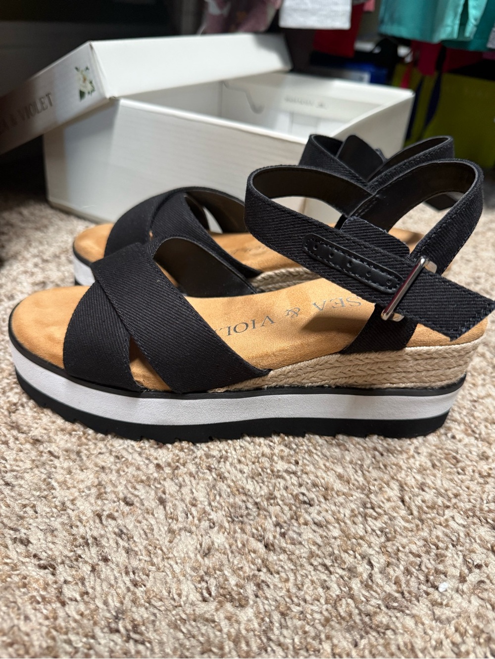 Chelsea & Violet Black Platform Espadrille Wedge Sandals